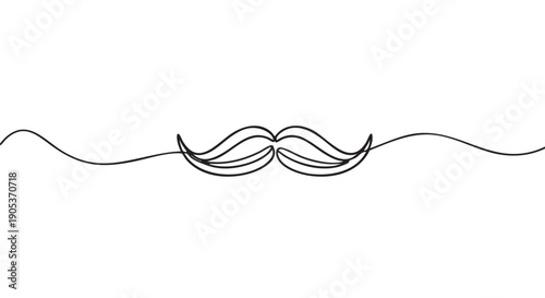 Black continuous line drawing of a classic mustache with elegant curls, rendered in a minimalist graphic art style, symbolizing masculinity and vintage charm