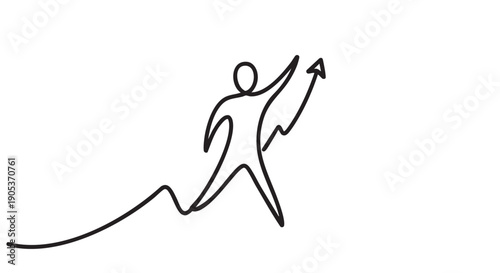 Continuous line drawing of a stylized human figure running dynamically upwards, reaching for an arrow symbolizing growth and success in a minimalist black and white style