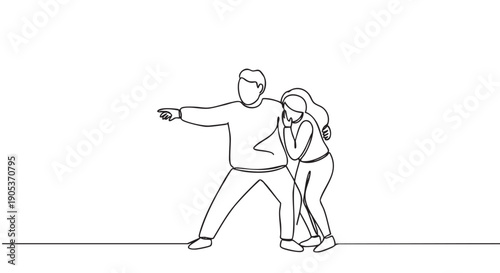 Continuous line drawing of a man protecting a scared woman, with the man pointing forward in a warning or defensive gesture, conveying fear and security