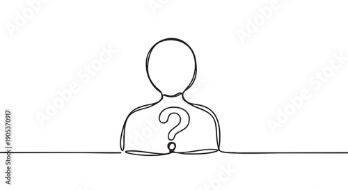Continuous line drawing of a person's silhouette with a prominent question mark inside their chest, symbolizing identity, mystery, and the unknown
