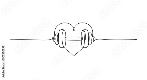 Single continuous black line drawing of a dumbbell integrated into a heart shape, representing a strong connection between fitness, health, and love