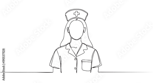 Continuous line art drawing of a female nurse wearing a cap with a cross symbol and a uniform, depicted in a minimalist, modern, and clean illustration style