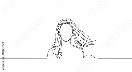 Continuous line drawing of a woman's head and shoulders with long, flowing hair, captured in a minimalist and elegant artistic style