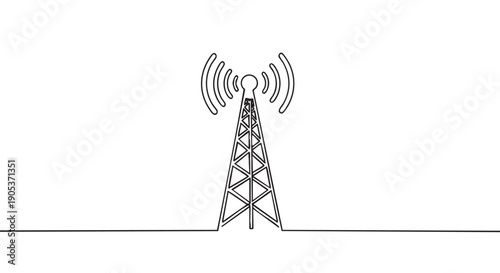 Continuous line drawing of a communication tower emitting wireless signal waves, depicted in a minimalist black and white style with a smooth, unbroken stroke