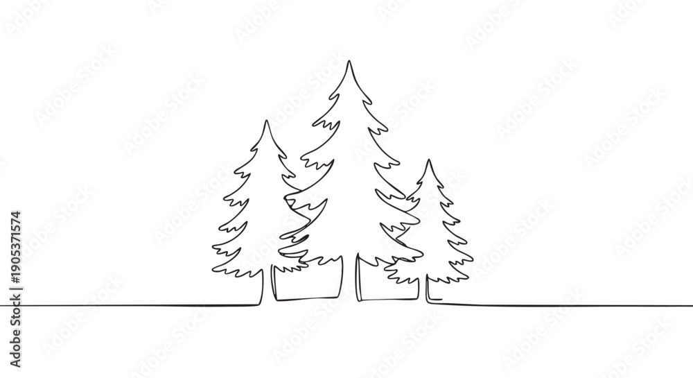 Obraz premium Three stylized continuous line pine trees are depicted in a minimalist black and white illustration, showcasing a simple artistic interpretation of a forest landscape