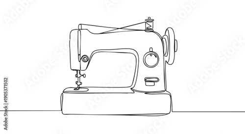 Classic sewing machine is depicted in a continuous single line art style, showcasing its intricate details with elegant black strokes