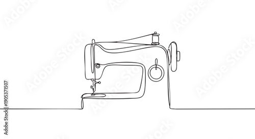 Minimalist continuous line art drawing of a vintage sewing machine, rendered in a simple, elegant black outline style, evoking a sense of craftsmanship and creativity