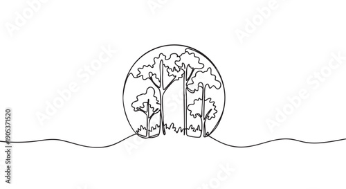 Minimalist continuous line art drawing of trees inside a circular shape, with a single wavy line representing the ground, rendered in a simple, elegant, and abstract style