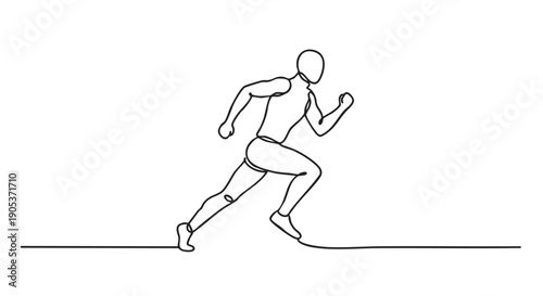 Continuous line art drawing of a person running with dynamic energy, captured in a minimalist style, illustrating speed and motion from a side profile