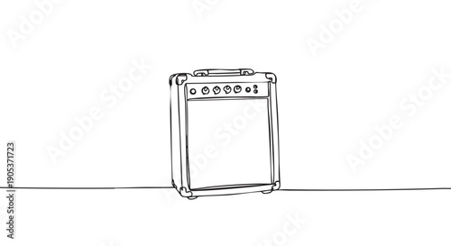 Minimalist black line art guitar amplifier is depicted with a continuous single stroke, showcasing its classic shape, control knobs, and top handle in a clean, artistic style