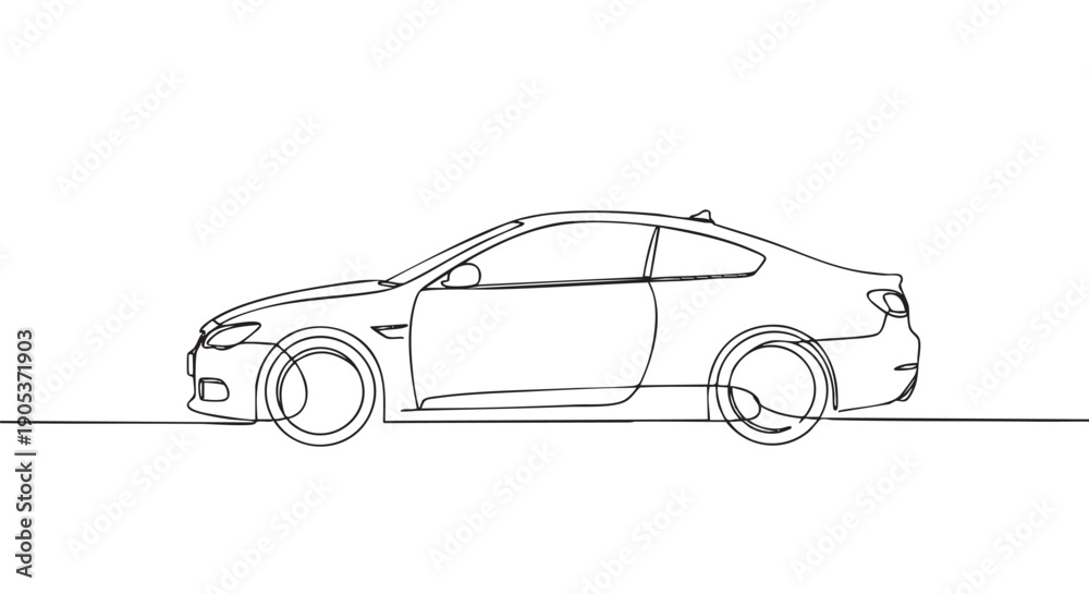 Fototapeta premium Sleek modern coupe car is depicted in a minimalist continuous one-line art style, showcasing its elegant profile and dynamic form with clean black lines