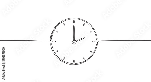 Minimalist black line art clock with hands and tick marks is drawn with a single continuous stroke, symbolizing time, deadlines, and efficiency in a clean, artistic style