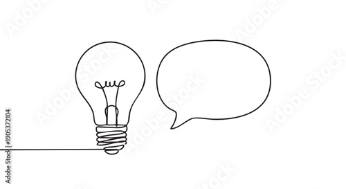 Minimalist continuous line drawing of a light bulb with a filament, connected to an empty speech bubble, symbolizing creative ideas and thoughtful communication