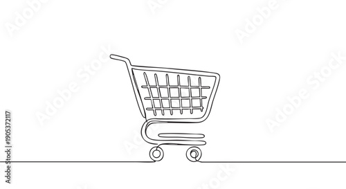 Minimalist single line drawing shopping cart with a sleek, modern design, rendered in a continuous black stroke, symbolizing commerce and online retail