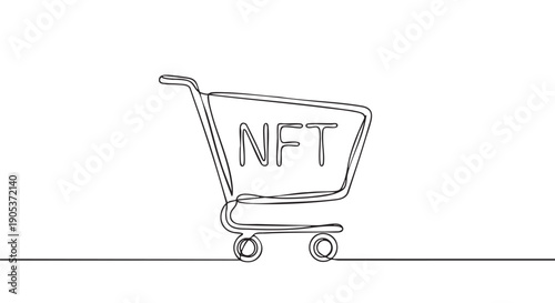 Minimalist continuous line drawing of a shopping cart containing the letters NFT, symbolizing digital asset acquisition and modern commerce