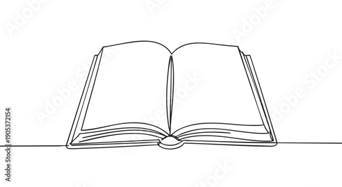 Single continuous line drawing of an open book with blank pages, presented in a minimalist style, symbolizing education, learning, and storytelling