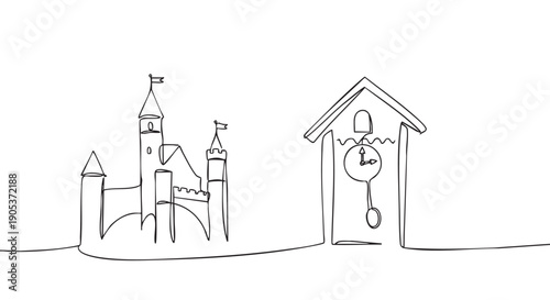 Charming fairytale castle and a classic cuckoo clock are depicted in a minimalist continuous line drawing, rendered with simple black lines and an elegant, whimsical style