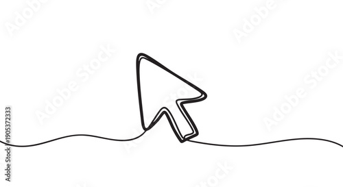 Minimalist black line art computer mouse cursor is depicted with a continuous wavy stroke, illustrating a clean and modern digital interface concept