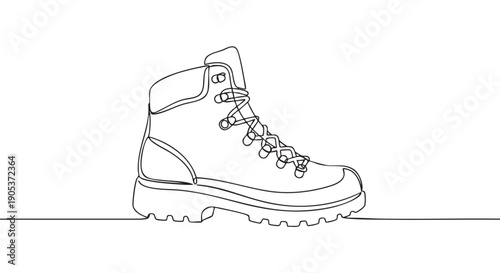 Single black line art hiking boot is depicted in a minimalist continuous drawing style, showcasing its rugged sole, laces, and sturdy design from a profile view