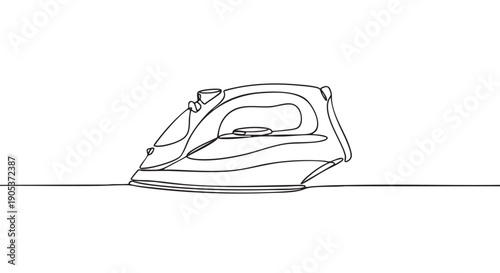 Sleek modern electric iron is elegantly rendered in a continuous single line art style, creating a minimalist illustration with smooth curves and a clean aesthetic