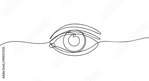 Single continuous line drawing of a human eye with an artistic, minimalist style, featuring a bold black outline on a clean white surface