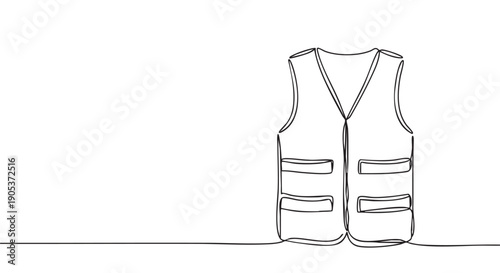 Continuous line drawing of a safety vest with multiple pockets, rendered in a minimalist black and white artistic style, conveying simplicity and essential design