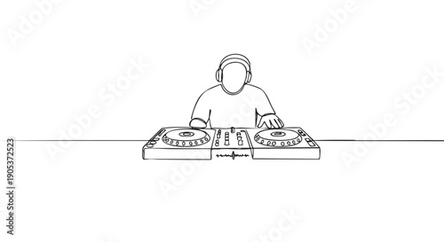 Continuous line art drawing of a DJ wearing headphones, actively mixing music on turntables and a mixer, rendered in a minimalist, modern illustration style