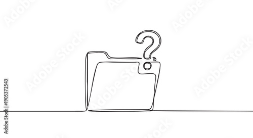Continuous line drawing of a folder with a question mark, symbolizing unknown data, missing information, or a search for answers in a minimalist, conceptual art style