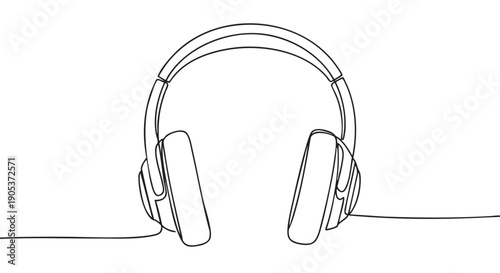Minimalist black line art drawing of modern headphones with a single continuous stroke, depicting an elegant audio device from a front perspective