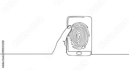 Continuous line drawing of a hand holding a smartphone with a prominent fingerprint icon on its screen, illustrating modern biometric security and digital identity