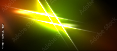 Abstract energy lines, vibrant colors blend. Bright yellow center radiates, dark background contrasts. Dynamic visual effect.