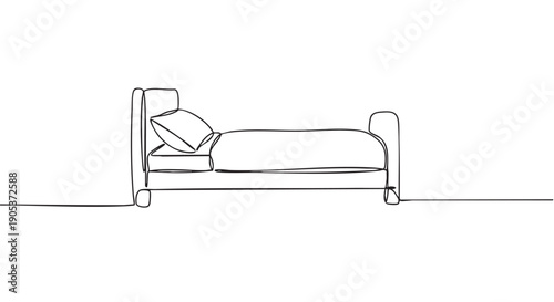 Minimalist continuous line art bed with a pillow and blanket is elegantly drawn in a simple, abstract, and modern illustration style