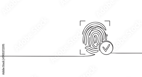 Minimalist line art fingerprint icon with a checkmark inside a circle and scanning brackets, signifying successful biometric authentication and secure access
