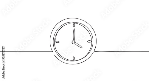 Minimalist continuous line drawing of a clock face with hands and quarter-hour marks, featuring a single flowing black line on a bright canvas, symbolizing time and deadlines