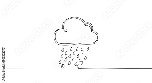 Minimalist continuous line drawing of a cloud raining, with simple teardrop raindrops falling onto a horizontal line, rendered in a clean, hand-drawn style
