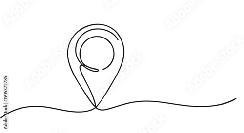 Minimalist continuous line drawing of a location pin icon, rendered in a sleek black stroke, symbolizing navigation, destination, and precise positioning with a modern artistic flair