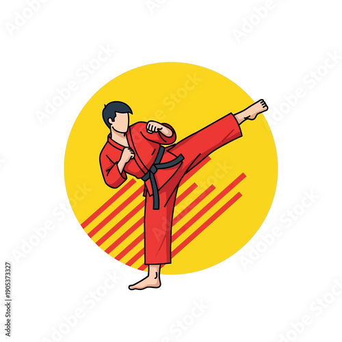 Martial Artist in Red Gi Performing Side Kick Against Yellow Sunburst Background