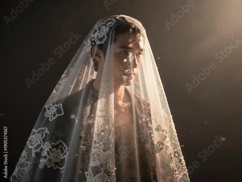 Intense volumetric lighting on man wearing bridal veil with calm face