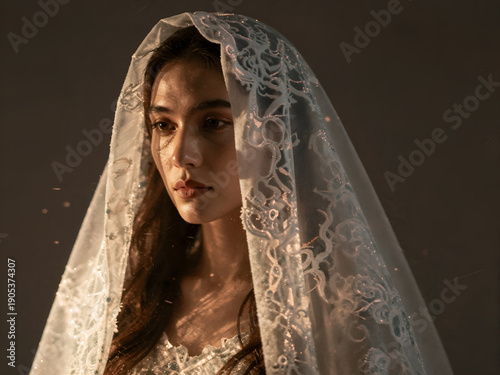 Intense volumetric lighting on man wearing bridal veil with calm face