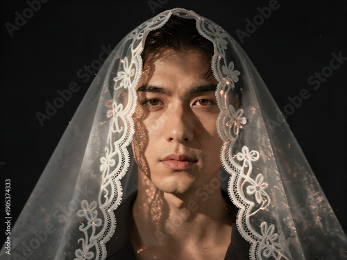 Intense volumetric lighting on man wearing bridal veil with calm face