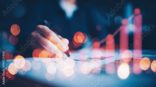 Businesswoman hand calculating financial report with growth chart for investment analysis, banking strategy banner in modern office with soft bokeh lighting