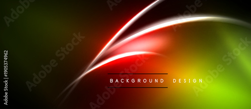Abstract neon lines create vibrant gradient background. Red, yellow, green hues blend into dark space. Modern design element.