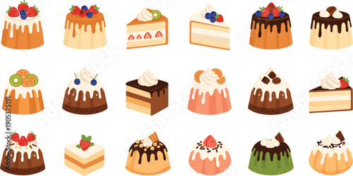 Dessert cake icon set featuring layered slices, cream frosting, chocolate toppings, fruit garnishes, and sweet bakery treats in flat vector style