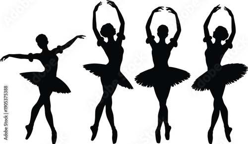 Ballet dancer silhouettes performing classical poses, elegant female ballerinas isolated on white background, dance art black flat vector illustration