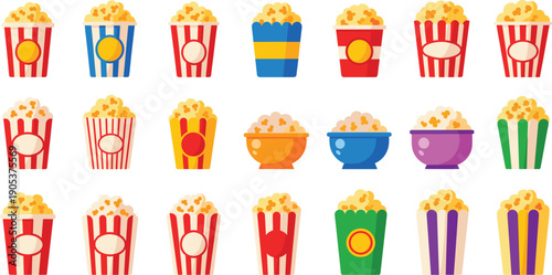 Colorful popcorn container icon set featuring striped cinema buckets, bowls, movie snacks, fast food packaging, and playful theater treats in flat vector style