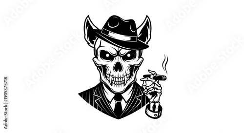 Spooky Skeleton Man in Suit Smoking Cigar Wearing Hat.
