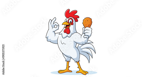 Strong cartoon rooster character flexing muscles while holding a crispy fried chicken drumstick and showing an okay hand gesture.