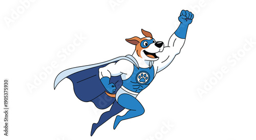 Brave superhero dog flying through the air wearing blue costume and cape with paw print symbol on its chest for heroic pet theme.