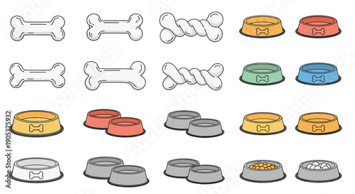 Collection of colorful pet food bowls and dog toy bones in various styles and colors for animal care products and pet supply retailers.