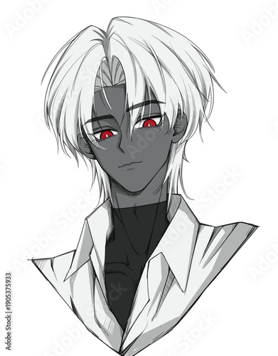 Foto Dark Anime Boy with White Hair and Red Eyes, Mysterious Fantasy Character Portra